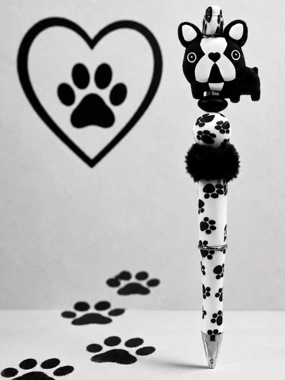 Black & White Puppy Paw Decorative Beaded Pen